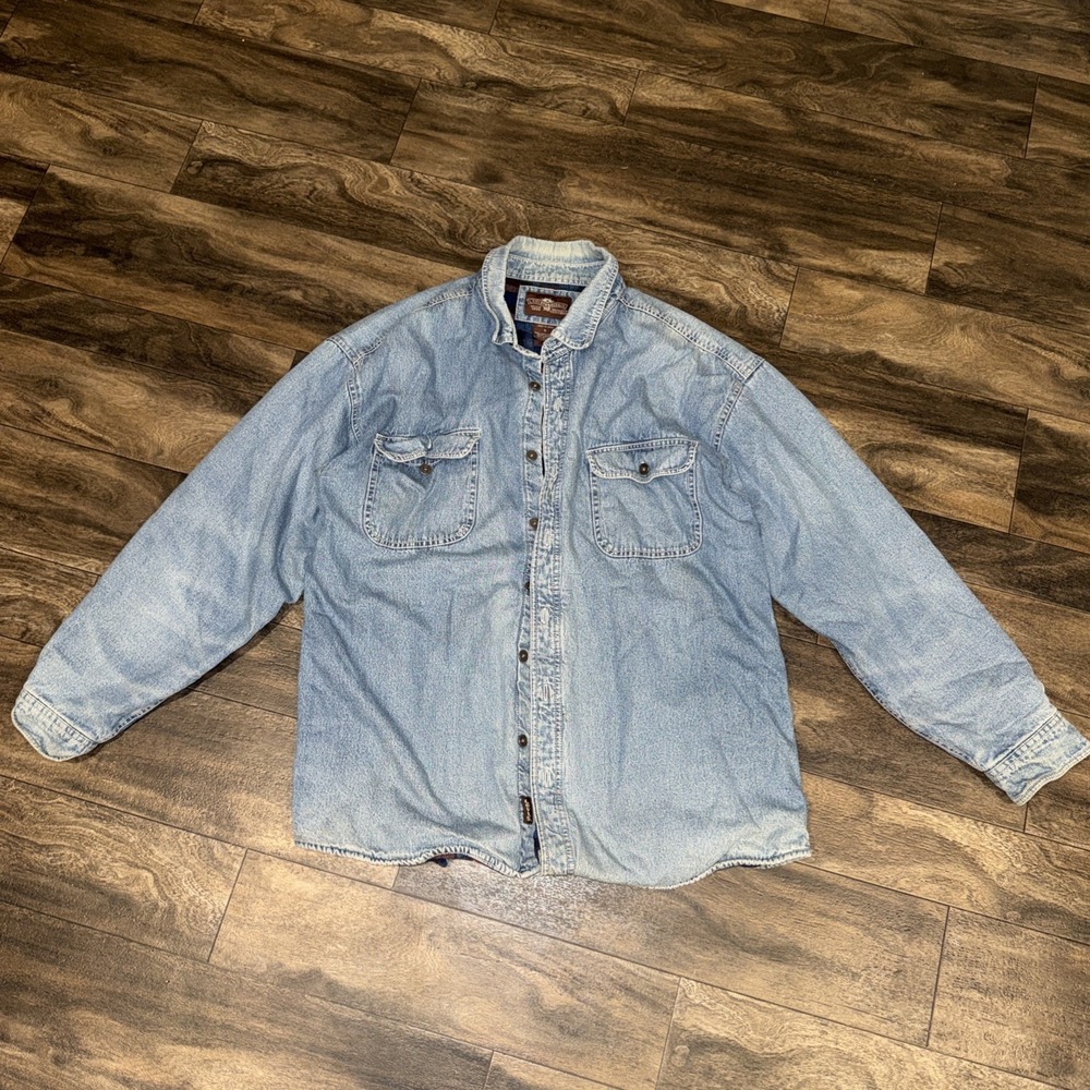 Vintage Levi's Fleece Plaid Lined Denim Shirt Jacket Shacket Light Wash Men's XL
